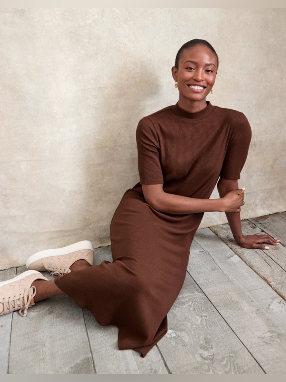 Garnet Hill Brown Dani Rib Knit Midi Maxi Dress L Mock Neck Short Sleeve Earthy